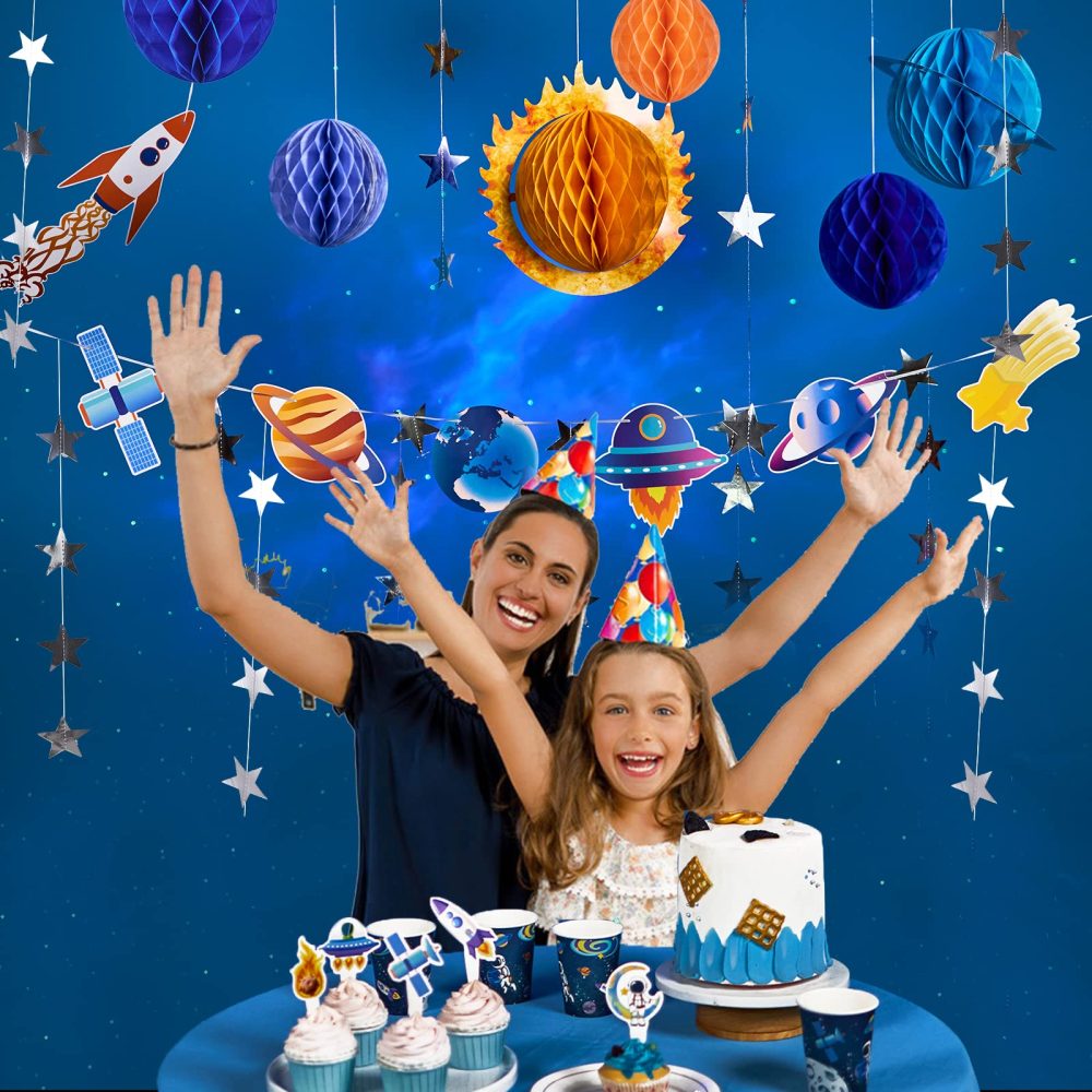 SUNBEAUTY 14 PCS Outer Space Party Decorations Solar System Hanging Honeycomb Decorations Galaxy Party Supplies 3D Planets Space Birthday Party Ceiling Ornaments Decor with Banner and Stars - Image 3