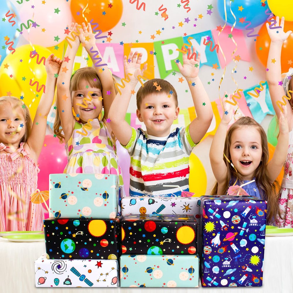 Space Wrapping Paper Birthday Wrapping Paper for Boys Girls,Gift Wrapping Paper Kids with Blue White Navy Birthday Paper for Present Wrapping Paper Sheets with Galaxy Spaceship Birthday Gift Wrap Set - Image 5