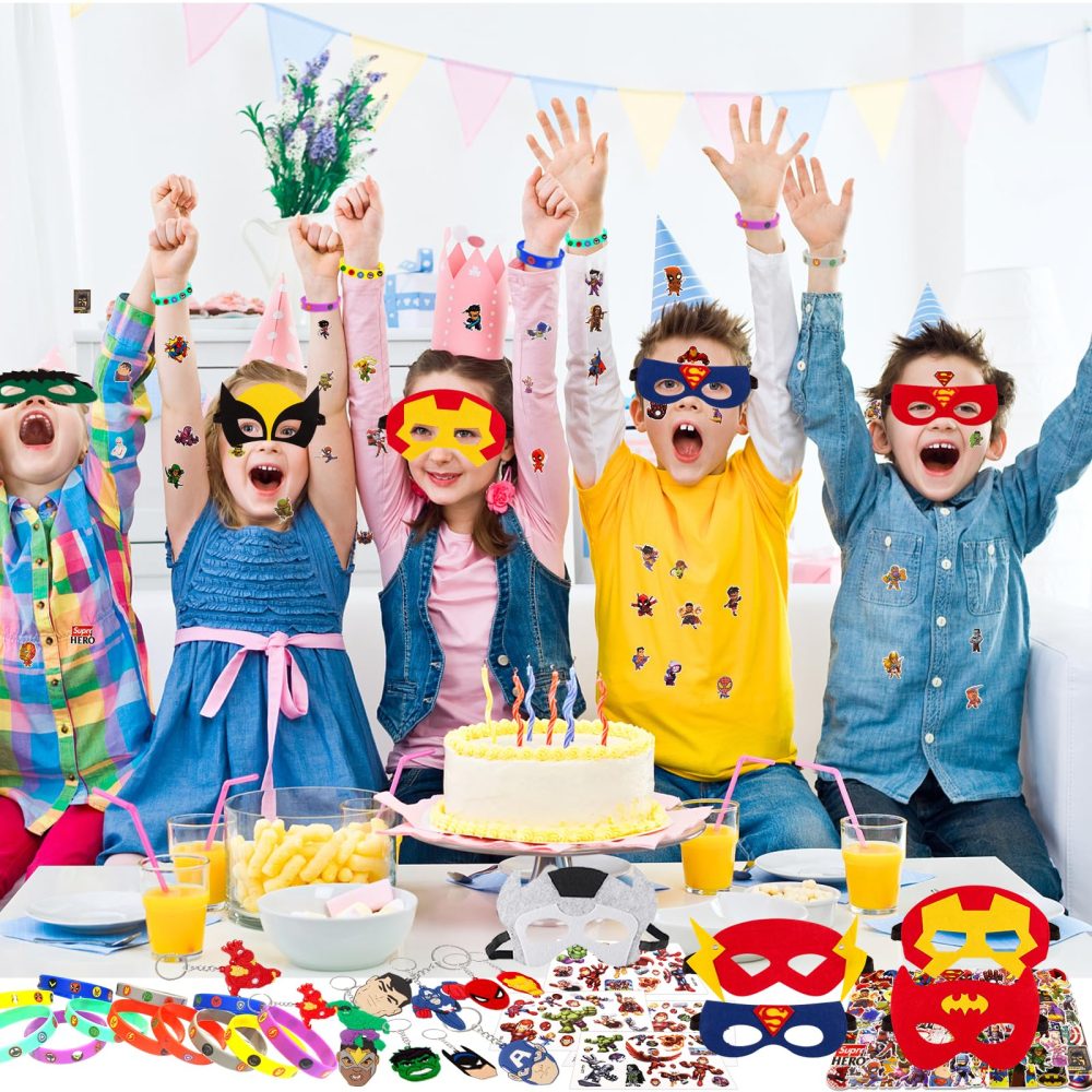 Heartsking 90 Pcs Party Bag Fillers for Kids, Hero Pinata 12 Pcs Masks 12 Pcs Keychains 12 Pcs Silicone Bracelets 50 Pcs Stickers 4 Pcs Tattoos Stickers Theme Birthday Gifts for Boys Girls - Image 5