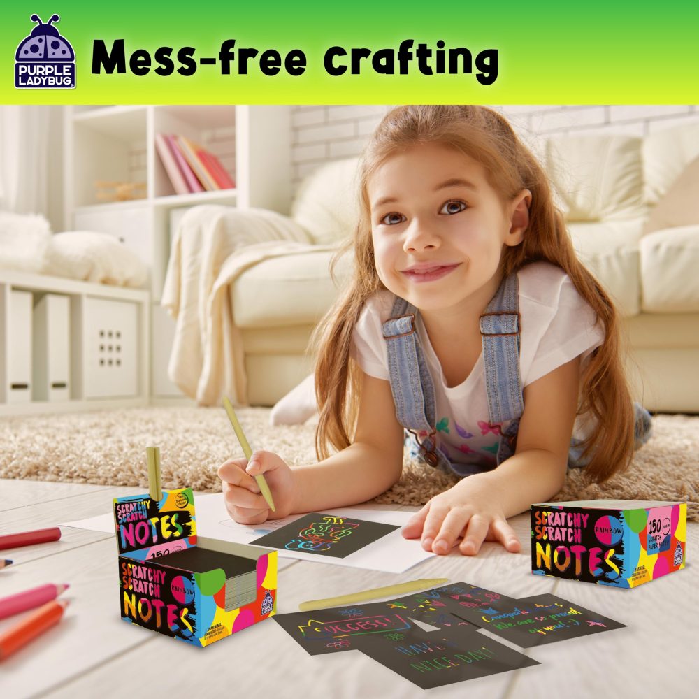 PURPLE LADYBUG 150 Pcs Rainbow Scratch Notes Mini Craft Kits - Scratch Art for Kids, Scratch Art Papers with Wooden Stylus - Fun Christmas Stocking Fillers Kids - Small Gifts for Kids, Teens, & Adults - Image 4