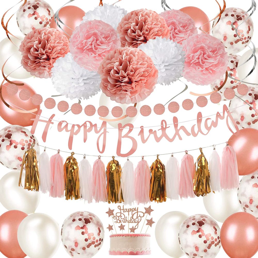 Rose Gold and Pink Birthday Party Decorations Set with Happy Birthday Banner,DIY Cake Topper,Circle Dots Garland,Hanging Swirls,Tissue Paper Pompoms,Paper Tassels Garland,Confetti Balloons