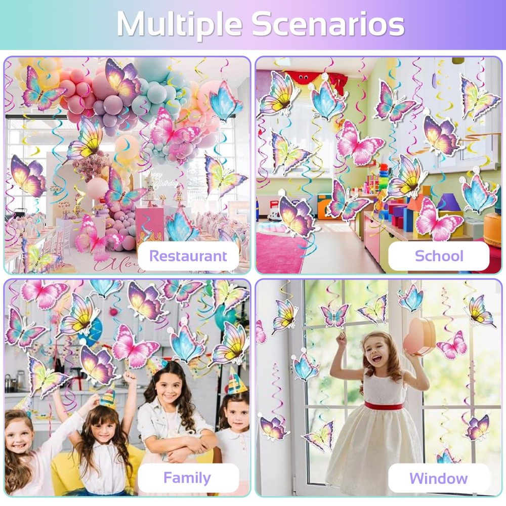 NICKLIN Butterfly Decorations 56pcs Butterfly Birthday Decorations,Butterfly Hanging Swirls Decorations,Butterfly Party with Glitter Paper Flowers for Home Classroom Baby Birthday Garden Themes - Image 2