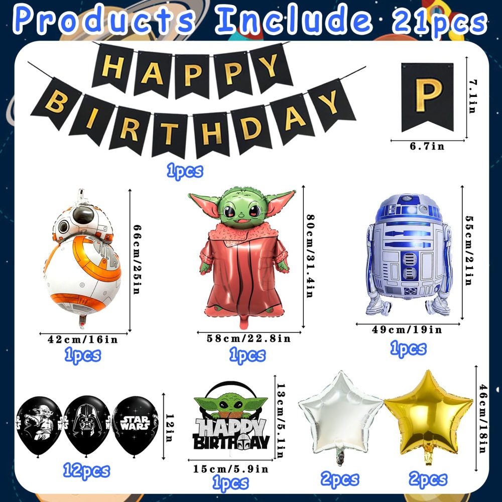 21PCS S-tar Wars Party Balloons, Cartoon Yoda Foil Balloons Wars Theme Birthday Party Decorations Set with Banner Cake Toppers Latex Balloons, Wars Birthday Party Supplies for Kids Boys Girls - Image 7