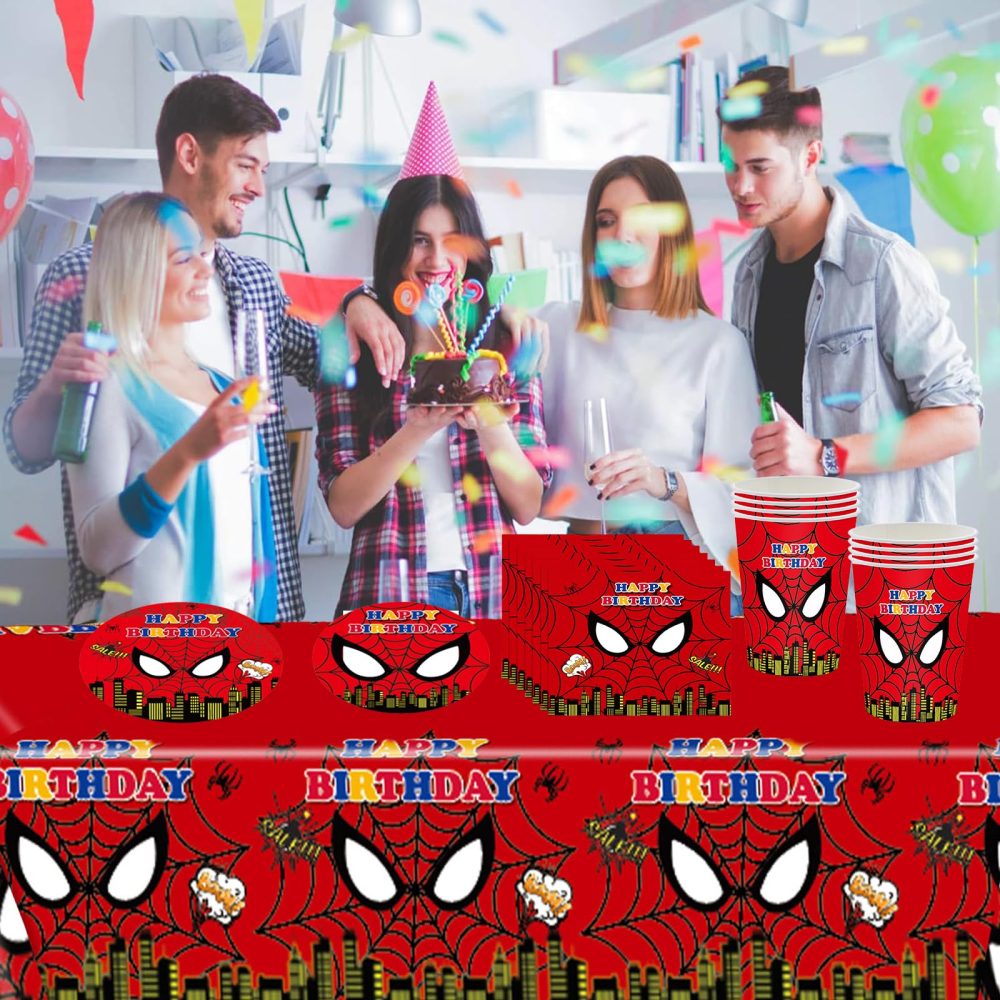 69Pcs Kids Spiderman Birthday Party Tableware Set,Red Plastic Spiderman Table Cloth,Paper Plates Napkins Serviettes and Cups Dinnerware Set for Kids Boys Birthday Superhero Spiderman Party Decorations - Image 3
