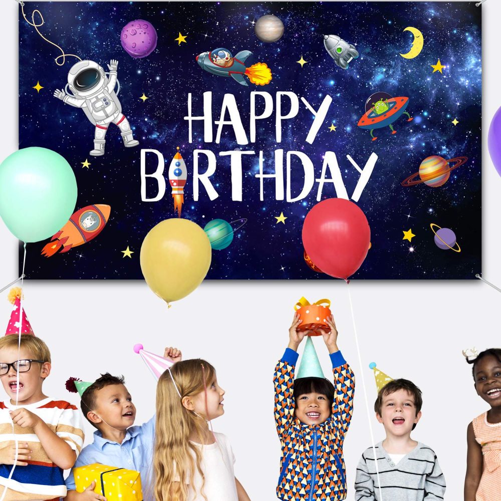 Boao Outer Space Happy Birthday Photography Background Astronaut Rocket Backdrop Banner for Children's Birthday Galaxy Planet Party Photo Booth Backdrop,White,6.1 x 3.6 Feet - Image 2