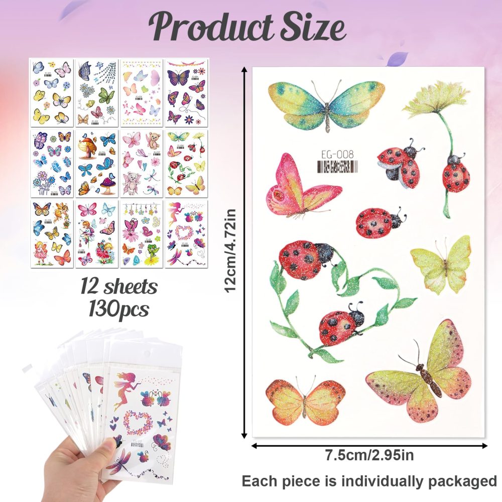 130 Styles Butterfly Temporary Tattoos, 12 Sheets Glitter Butterfly Stickers Waterproof Removable Butterfly Tattoos Butterfly Favours Party Bag Fillers for Girls Kids Children Birthday Party Carnival - Image 5