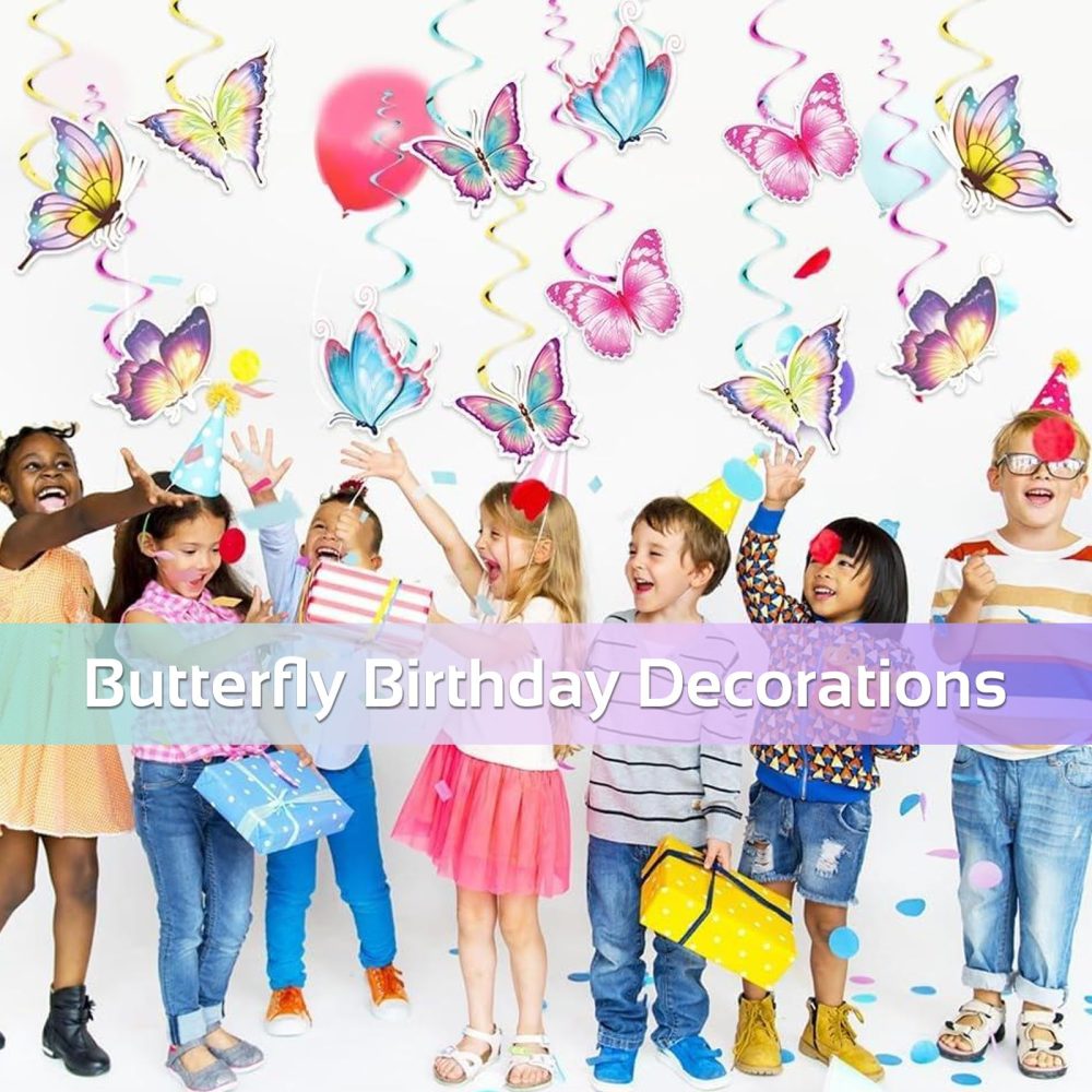 NICKLIN Butterfly Decorations 56pcs Butterfly Birthday Decorations,Butterfly Hanging Swirls Decorations,Butterfly Party with Glitter Paper Flowers for Home Classroom Baby Birthday Garden Themes - Image 7