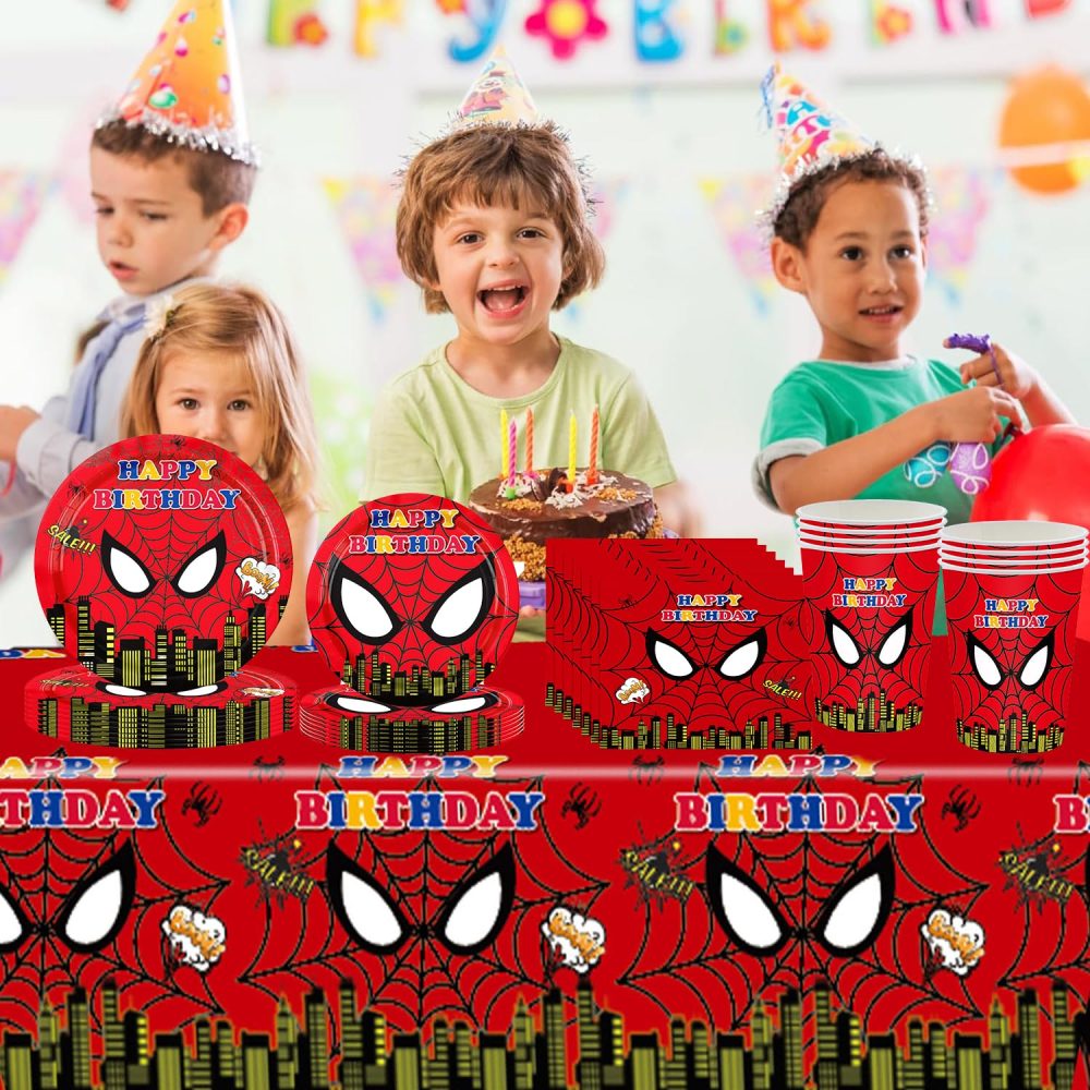 69Pcs Kids Spiderman Birthday Party Tableware Set,Red Plastic Spiderman Table Cloth,Paper Plates Napkins Serviettes and Cups Dinnerware Set for Kids Boys Birthday Superhero Spiderman Party Decorations - Image 2