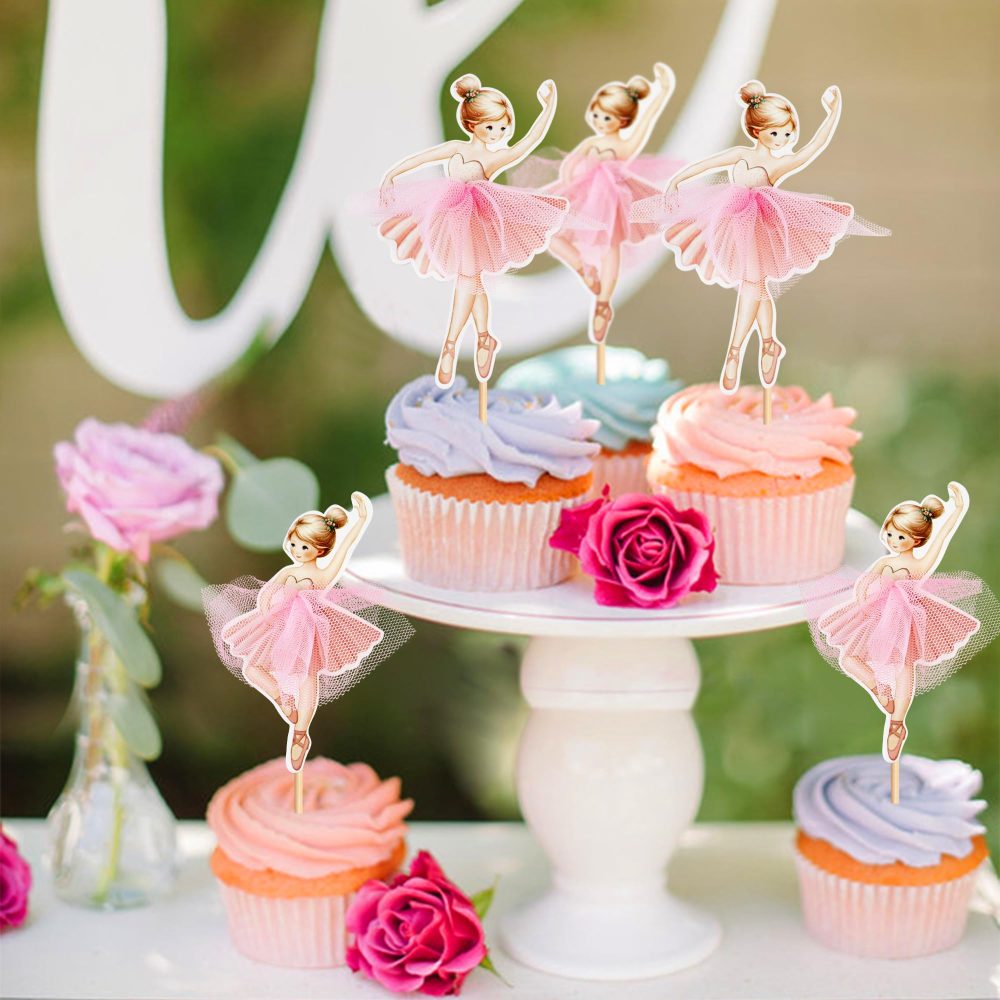 24 Pcs Ballerina Cupcake Toppers Pink Ballet Girl Cupcake Toppers Ballet Cupcake Decoration Picks for Ballerina Theme Baby Shower Birthday Party Cake Decoration Supplies - Image 2