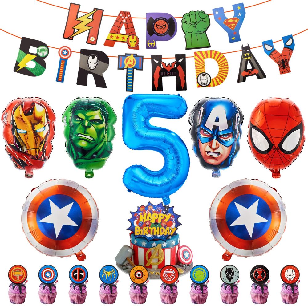 FC Ballons5 21pcs Party Decorations, 5th Super hero Party Decorations, Happy Birthday Mar vel Birthday Banner, Cake Toppers, Balloons for Party Decoration