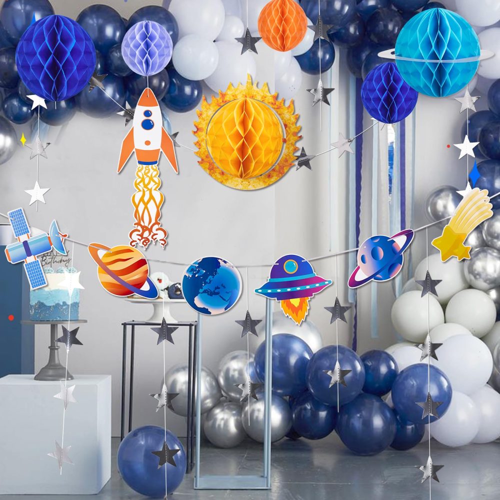 SUNBEAUTY 14 PCS Outer Space Party Decorations Solar System Hanging Honeycomb Decorations Galaxy Party Supplies 3D Planets Space Birthday Party Ceiling Ornaments Decor with Banner and Stars - Image 4