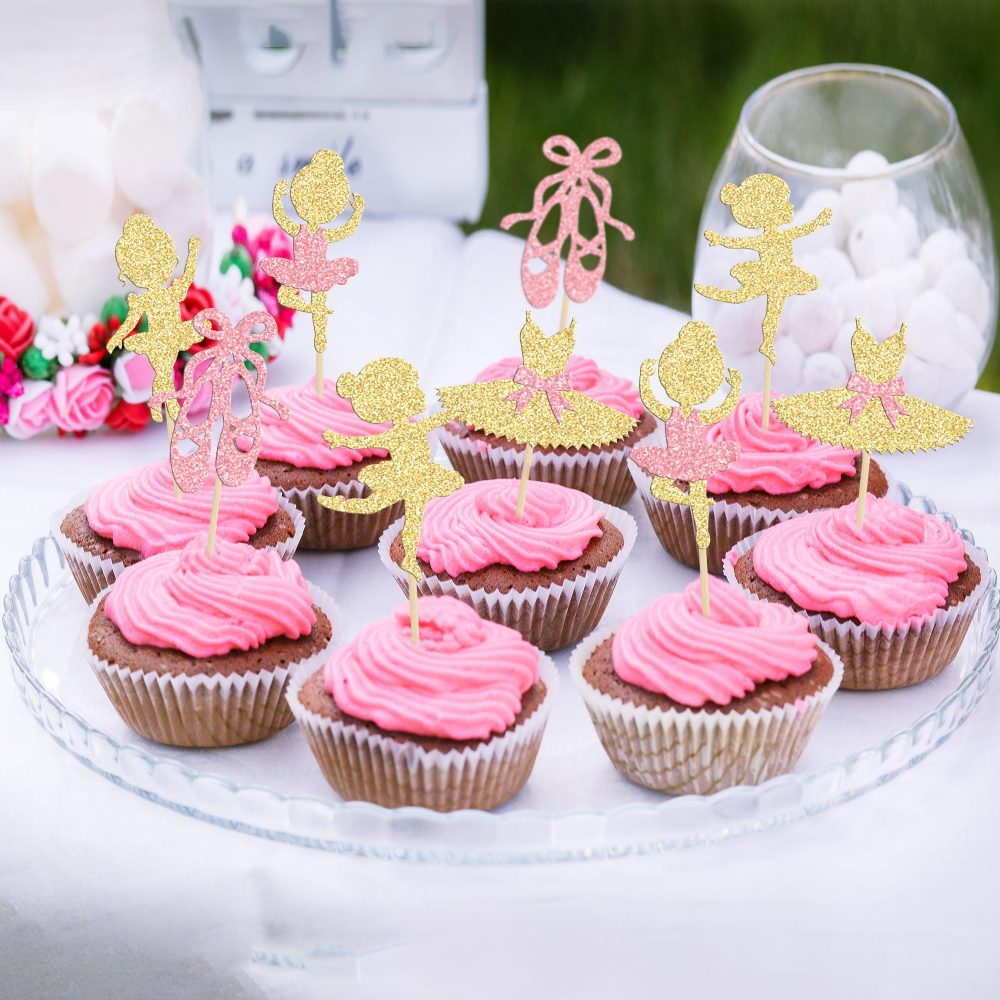 Gyufise 24Pcs Ballerina Tutu Cupcake Toppers Gold Glitter Ballet Girl Cupcake Toppers Ballet Slipper Cupcake Picks for Ballerina Theme Baby Shower Birthday Party Cake Decoration Supplies - Image 4