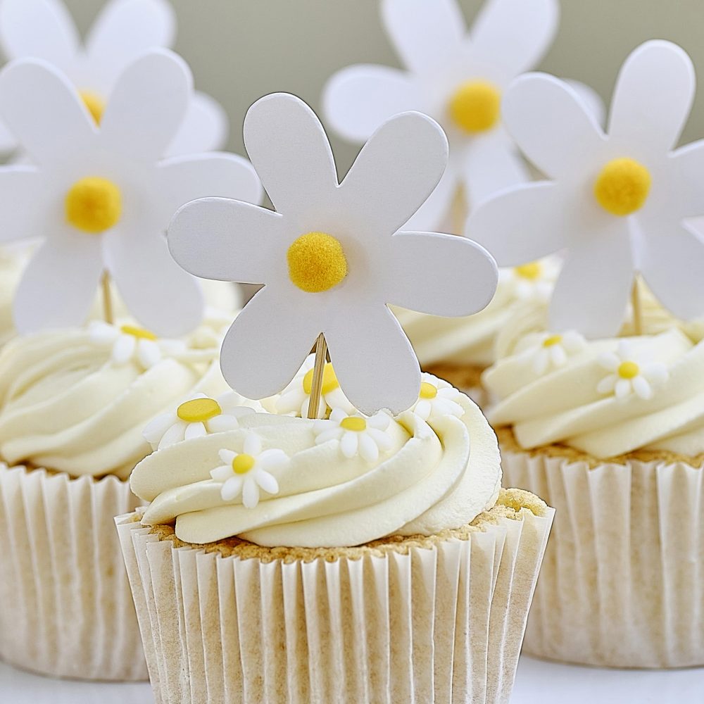 Ginger Ray Paper Daisies Cupcake Toppers Poms Centres and Wooden Picks 12 Pack, Pastel - Image 5