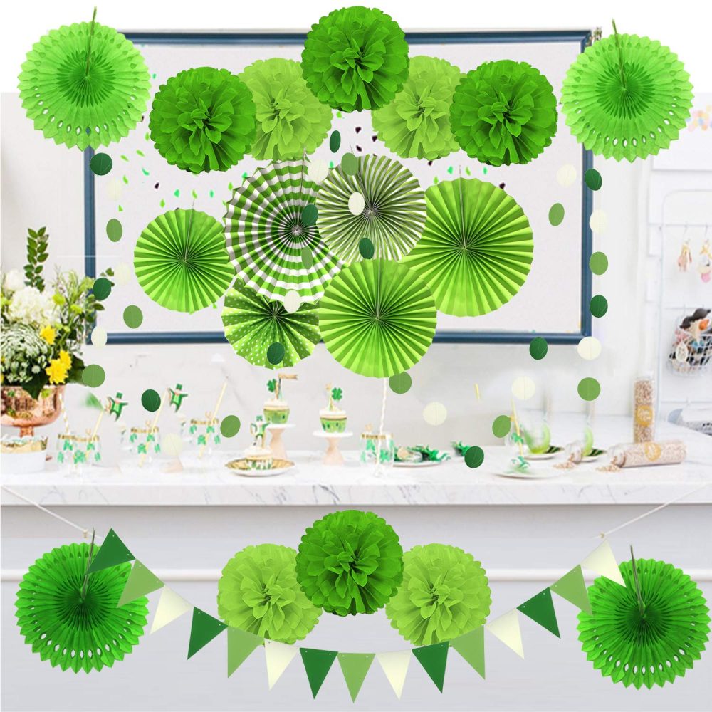 ZERODECO Party Decoration, 21 Pcs Green Hanging Paper Fans, Pom Poms Flowers, Garlands String Polka Dot and Triangle Bunting Flags for Golf Party Dinosaur Birthday Parties Arbor Day - Image 3