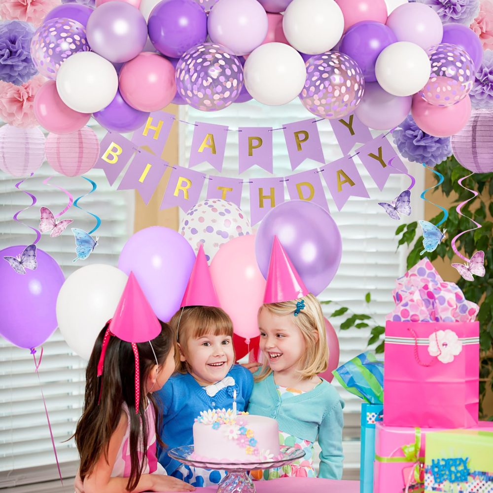 Purple Birthday Decorations for Women Girl Butterfly Theme Birthday Party Supplies 66Pcs Pink and Purple Balloons Pastel Macaron Dreamly Circle Dots Banner Butterfly Hanging Swirl Paper Lanterns Pom - Image 4