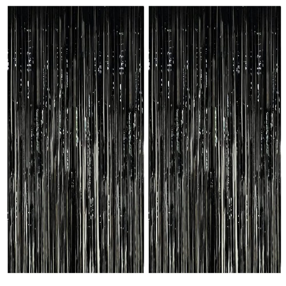 AMZJIMTOP Black Tinsel Foil Fringe Curtain Party Decorations 2Pcs 3.3ft *6.6ft Metallic Tinsel Curtains Streamers Party Backdrop Foil Curtain for Birthday Party Wedding Holiday Decoration