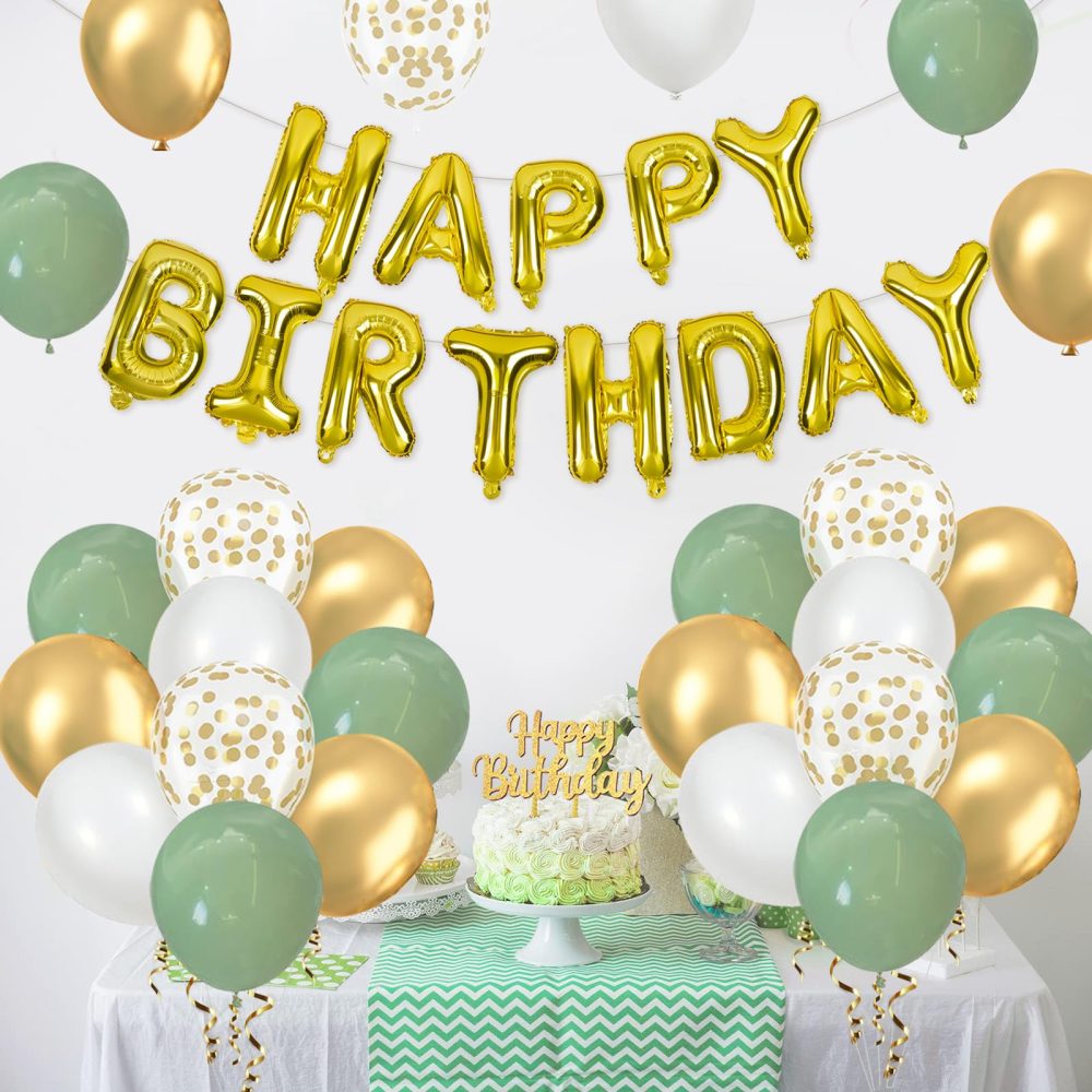 Sage Green Birthday Decorations Set, Happy Birthday Balloons with Sage Green White and Gold Balloons, Happy Birthday Banner and Cake Topper, Party Balloons for Birthday Party Decorations for Men Women - Image 6