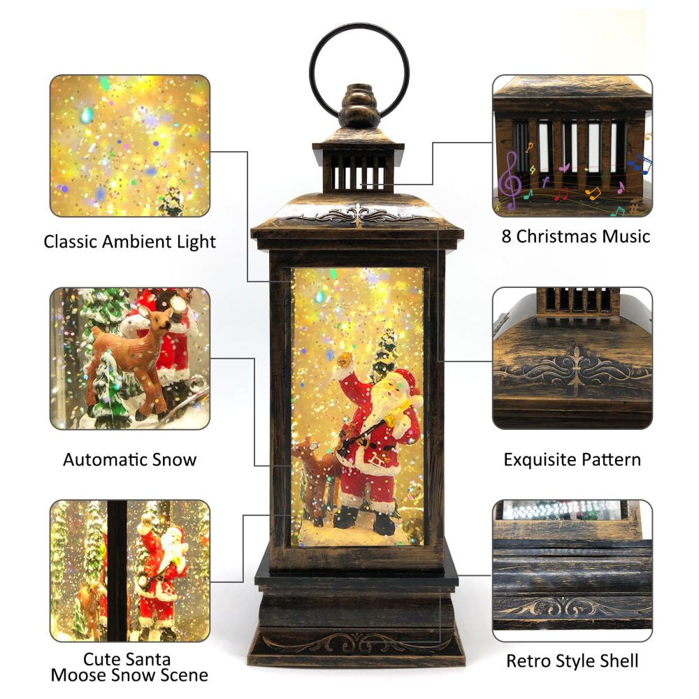 Marsyu Christmas Lantern Musical Christmas Snow Globes, USB & Battery Powered Rotating Glittering Water Lanterns with Timer, Vintage Christmas Decorations Home Décor Gifts (Santa Moose Snow Scene) - Image 8