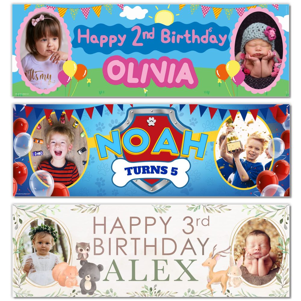 2 x 3FT Small Banner | Personalised Happy Birthday Photo Banners | Personalised Banners Birthday | Birthday Banners for Girls | Birthday Banners for Boys | Kids Party Decorations | Paw Blue