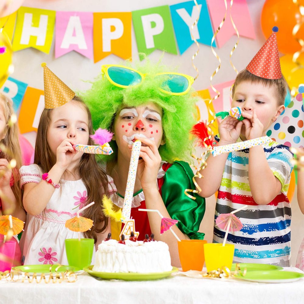 Opopark 11pcs Birthday Party Cone Hats with Pom Poms (9 Hats and 2 Crowns), 15 Pcs Party Blowouts, Mini Paper Party Hat and Blowouts Set for Boys Gilrs Childrens Party Decoration - Image 2