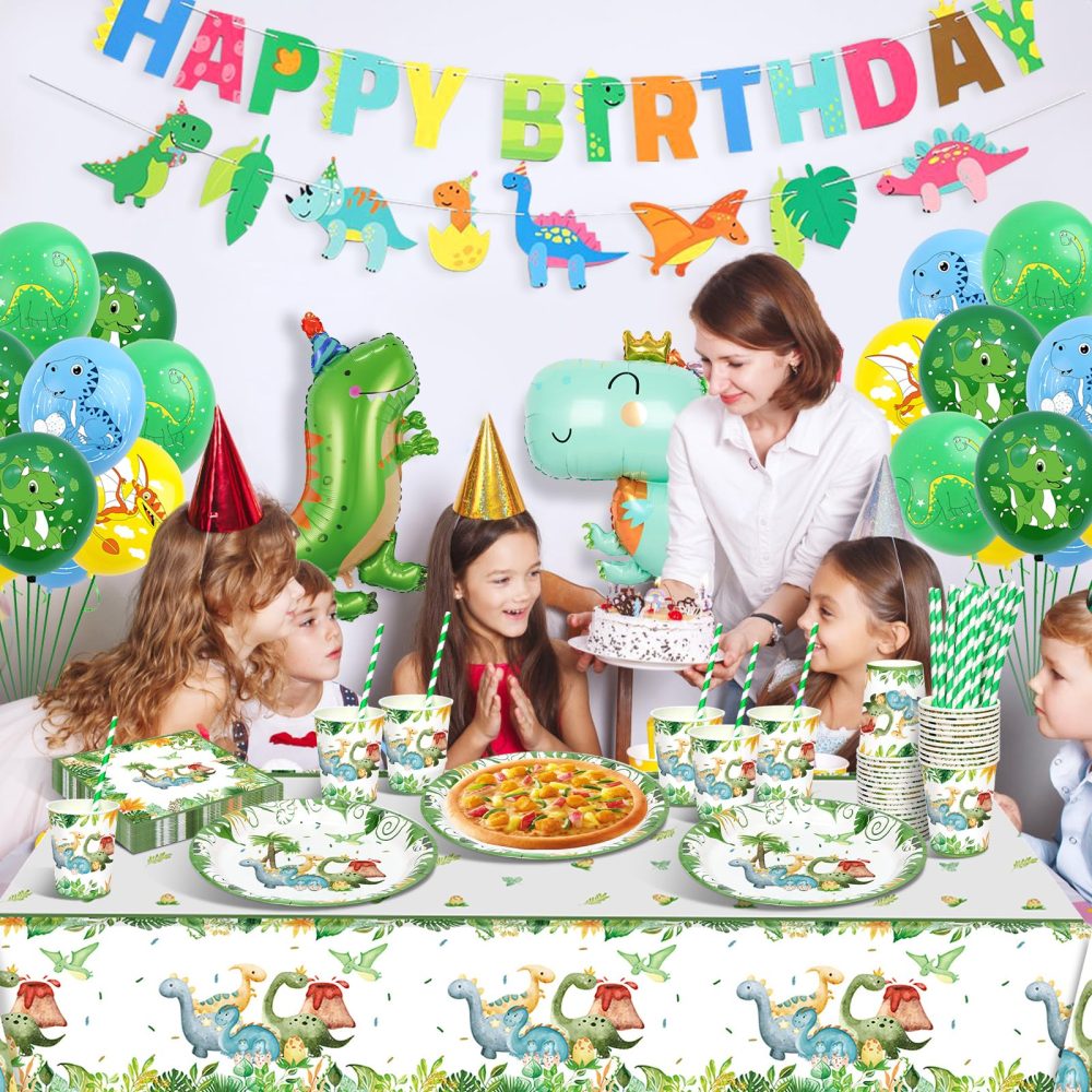 yosiio Dinosaur Party Tableware Set, 16 Guests Dinosaur Birthday Decoration Set, Party Supplies Paper Plates Cups Napkins Table Cloth Balloons for Kids' Birthday Baby Shower - Image 5