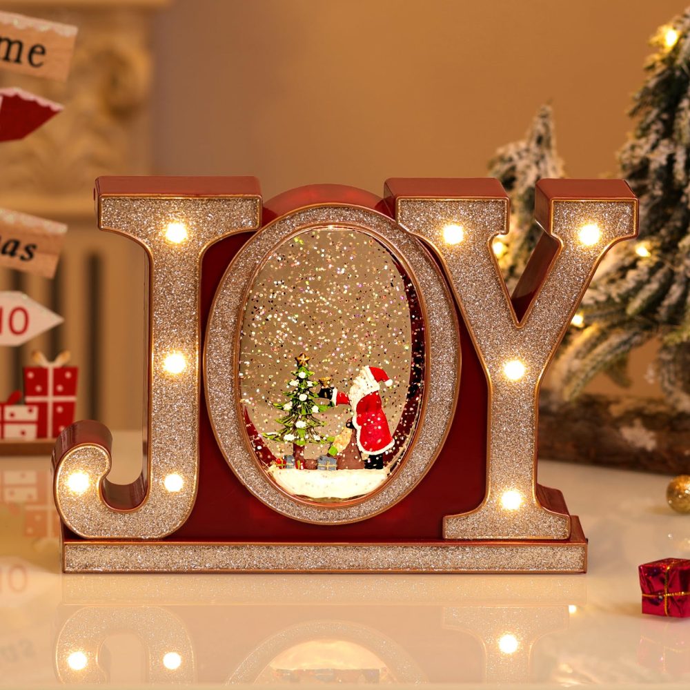 Lewondr Christmas Snow Globes with Music and Light, JOY Crystal Ball with 8 Different Christmas-themed Songs, 6 Hours Timer Function Snow Globe Powered by USB & Battery for Dining Table, Fireplace