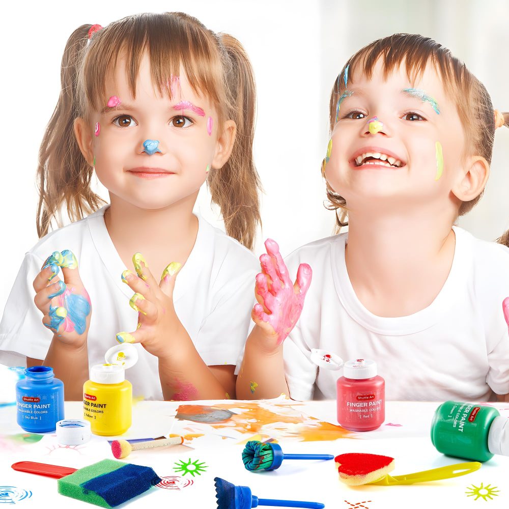 Shuttle Art Washable Finger Paint Set, 53 Pack Kids Paint Set with 14 Colours(60ml) Finger Paints, Brushes, Finger Paint Pad, Sponge, Palette, Smock, Bucket, NonToxic for Toddlers Early Education - Image 3