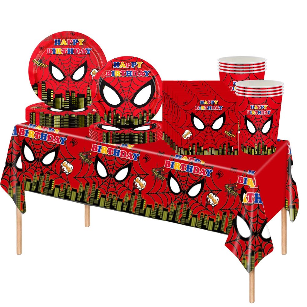 69Pcs Kids Spiderman Birthday Party Tableware Set,Red Plastic Spiderman Table Cloth,Paper Plates Napkins Serviettes and Cups Dinnerware Set for Kids Boys Birthday Superhero Spiderman Party Decorations