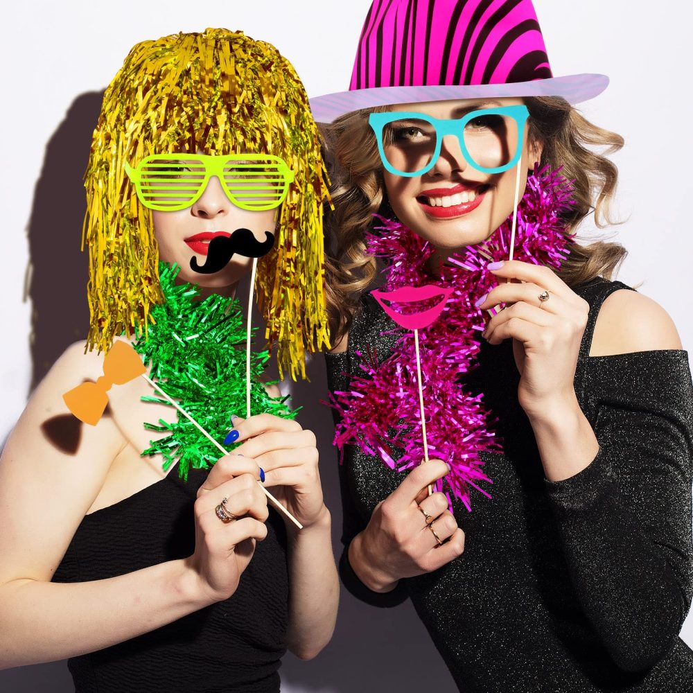 Aodaer 108 Pieces Neon Bright Party Set Neon Party Hats Kit Include Neon Gangster Hats Metallic Foil Tinsel Wigs Shutter Eyeglasses Colorful Boa Party Photo Booth Props Neon Party Supplies for Adult - Image 2