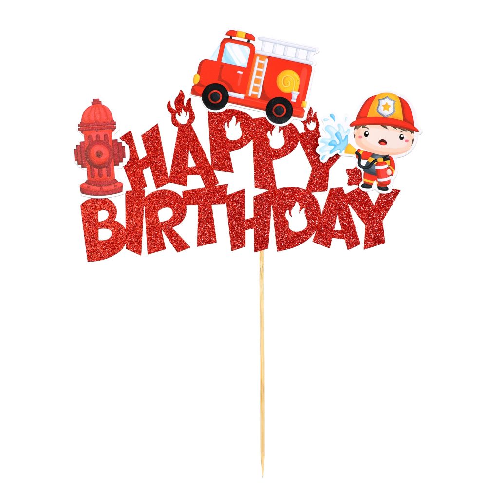 Gyufise 1Pcs Fireman Happy Birthday Cake Topper Glitter Fire Truck Firefighter Cake Pick Fire Department Theme Baby Shower Kids Birthday Party Cake Decorations Supplies Red - Image 6