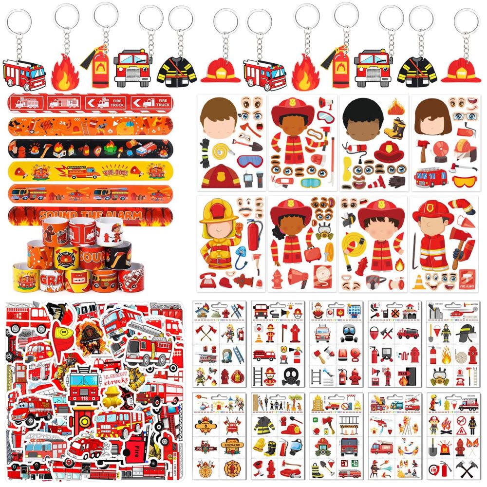HEMYTAP 98Pcs Firefighter Party Favors for Kids, Fire Truck Themed Birthday Supplies Decorations Include Slap Bracelets, Keychains, Make a Firefighter Stickers, Temporary Tattoos and Vinyl Stickers