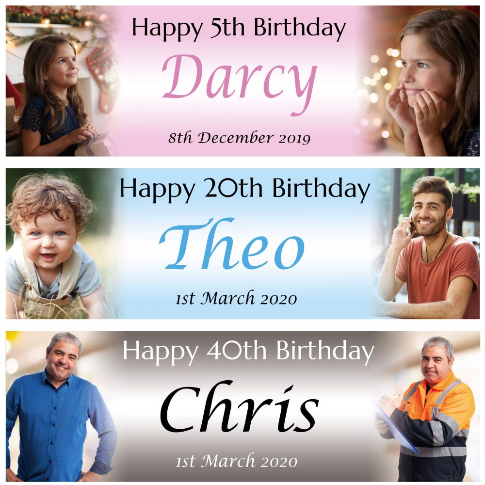 2 Personalised Birthday Banner Photos Children Baby Adults kids Party (approx 1ftx3ft) -1st 2nd 18th 21st 30th 40th 50th 60th 70th 80th birthday decorations