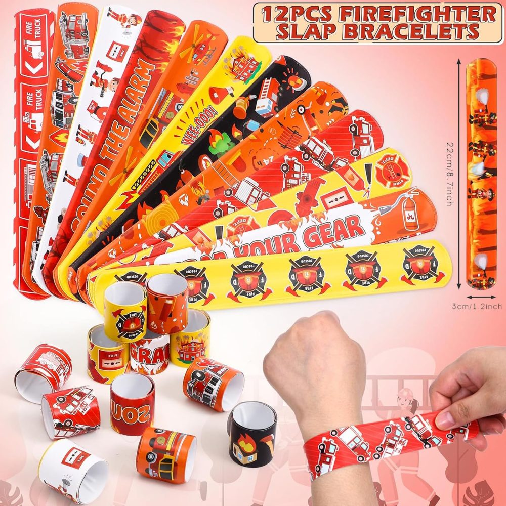 HEMYTAP 98Pcs Firefighter Party Favors for Kids, Fire Truck Themed Birthday Supplies Decorations Include Slap Bracelets, Keychains, Make a Firefighter Stickers, Temporary Tattoos and Vinyl Stickers - Image 7