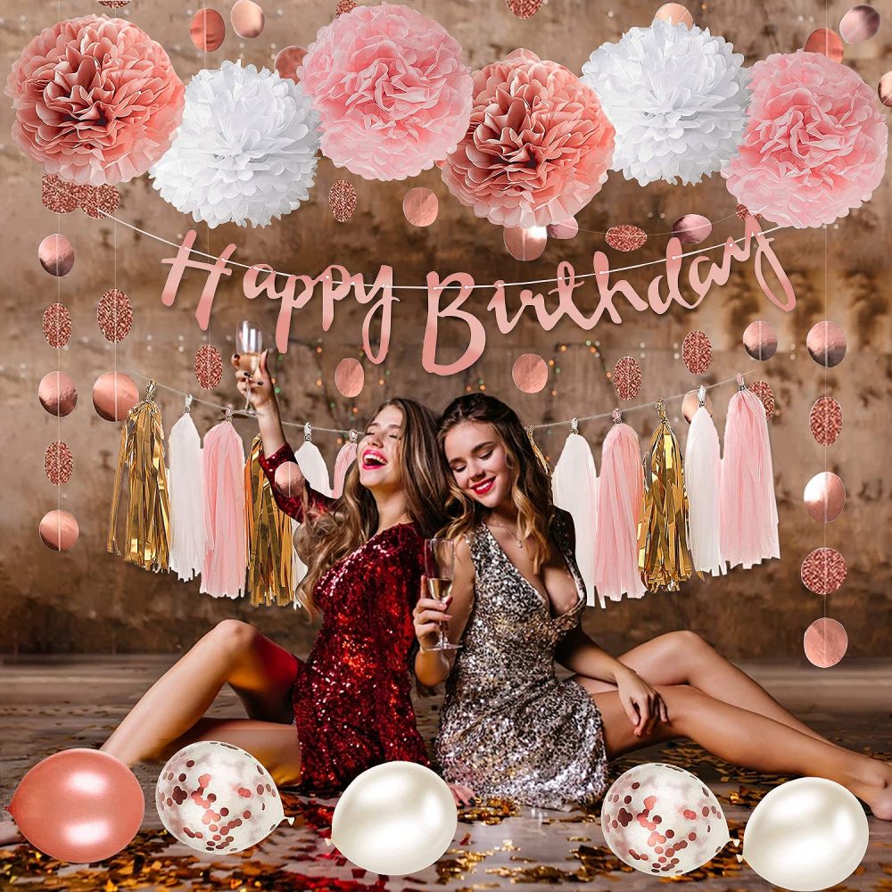 Rose Gold and Pink Birthday Party Decorations Set with Happy Birthday Banner,DIY Cake Topper,Circle Dots Garland,Hanging Swirls,Tissue Paper Pompoms,Paper Tassels Garland,Confetti Balloons - Image 2