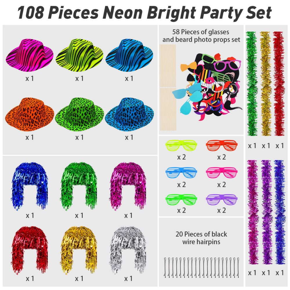 Aodaer 108 Pieces Neon Bright Party Set Neon Party Hats Kit Include Neon Gangster Hats Metallic Foil Tinsel Wigs Shutter Eyeglasses Colorful Boa Party Photo Booth Props Neon Party Supplies for Adult - Image 6