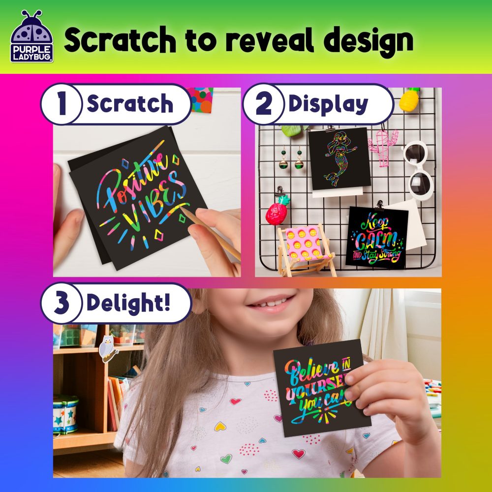 PURPLE LADYBUG 150 Pcs Rainbow Scratch Notes Mini Craft Kits - Scratch Art for Kids, Scratch Art Papers with Wooden Stylus - Fun Christmas Stocking Fillers Kids - Small Gifts for Kids, Teens, & Adults - Image 6