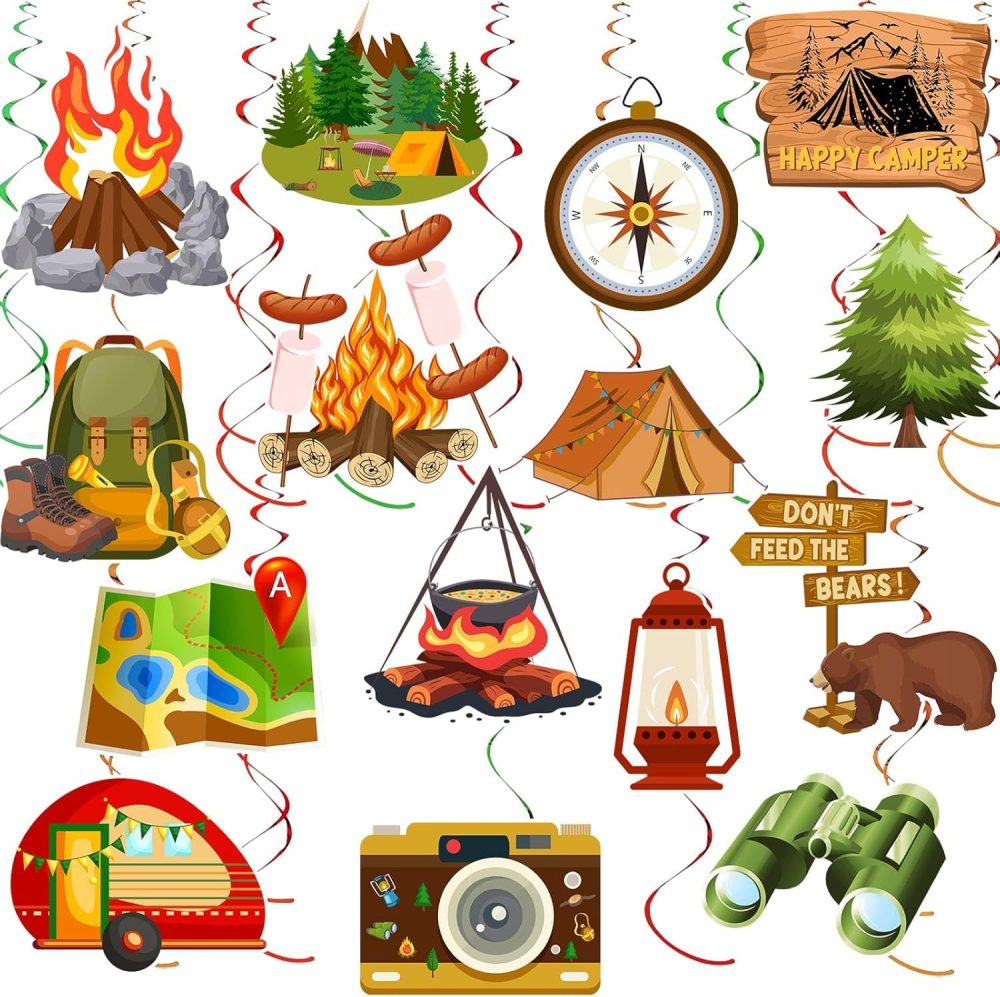 36 Pieces Happy Camper Party Hanging Swirls, Camping Themed Party Swirls Streamers Camping Adventure Bears Tent Sign Party Birthday Decor for Boys Girls Kids Baby Shower Indoor Outdoor Decorations