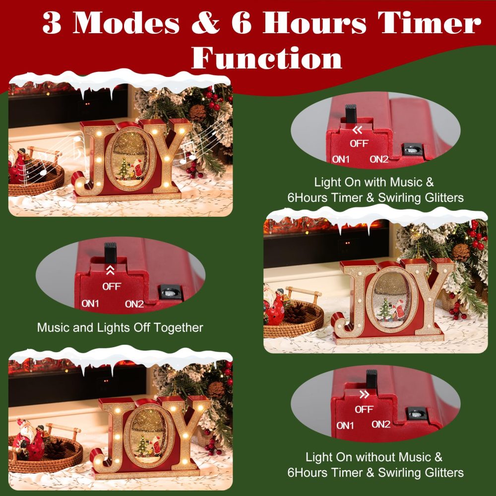 Lewondr Christmas Snow Globes with Music and Light, JOY Crystal Ball with 8 Different Christmas-themed Songs, 6 Hours Timer Function Snow Globe Powered by USB & Battery for Dining Table, Fireplace - Image 5