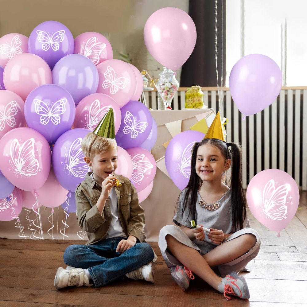 Butterfly Balloons, 52 PCS 12 Inch Pink Purple Butterfly Printed Balloons, Maca Pink Maca Purple Butterfly Theme Birthday Balloons for Baby Shower Girls Women Wedding Party Decorations - Image 4