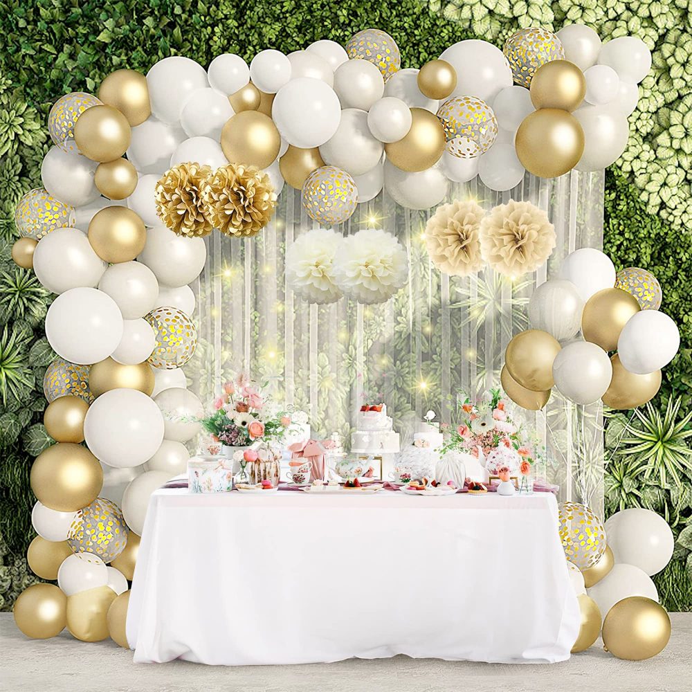 NiCoLa Gold and White Birthday Party Decorations Set, Happy Birthday Decorations including Happy Birthday banner, Tissue Paper Poms, Latex Balloon, Glitter Garlands, Hanging Swirls Party Decorations - Image 4