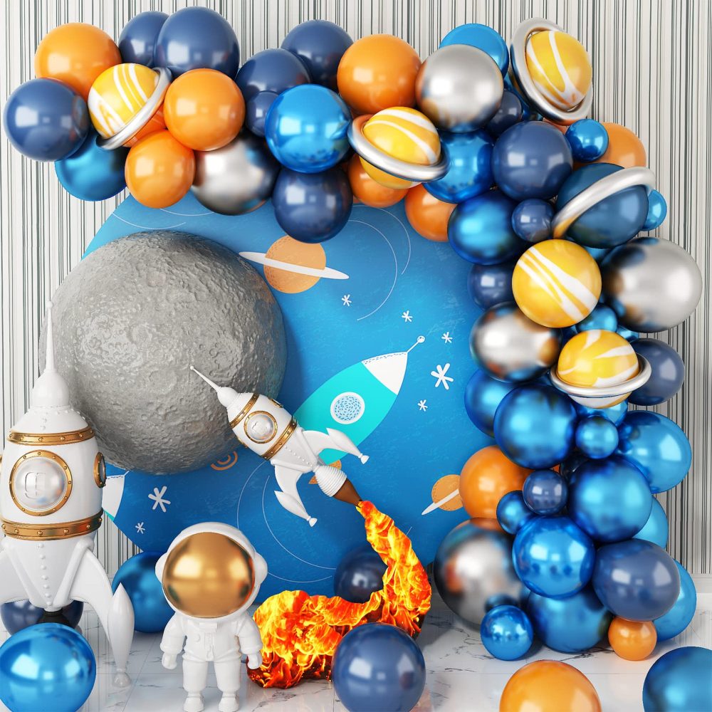Blue Balloon Arch Kit, Navy Blue Orange Yellow Latex Balloon Garland Kit with Metallic Blue Silver Balloons and Yellow Marble Agate Balloons for Boys Outer Space Birthday Baby Shower Party Decorations