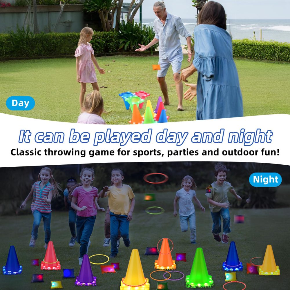 Bean Bag Toss Garden Game Toys for Kids - Light Up 3 in 1 Carnival Games Set, Cones Bean Bags Ring Toss, Outdoor Games Play Equipment for Kids Family Garden Toys Birthday Party Sports Day - Image 7