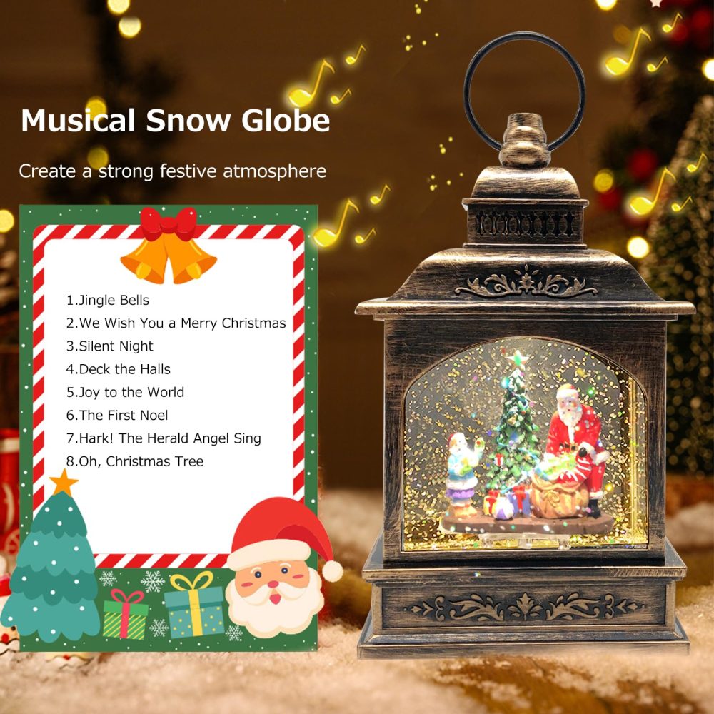 Marsyu Christmas Lantern Musical Christmas Snow Globes USB&Battery Powered Rotating Glittering Water Lanterns with Timer Vintage Christmas Decorations Home Décor Gifts (Santa Tree Little Girl Scene) - Image 5