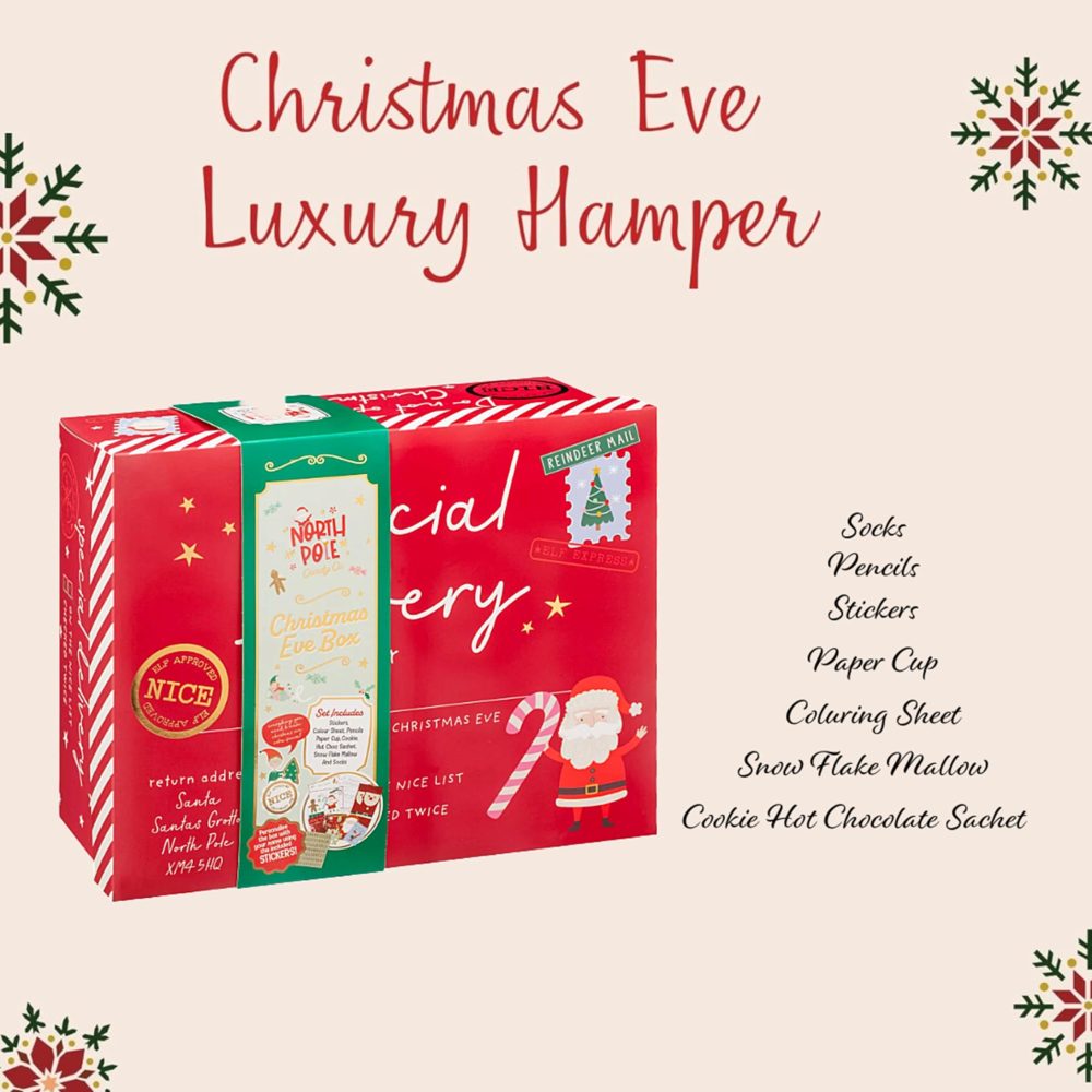 Christmas Eve Box Gift Set - Hot Chocolate Mix with Cup, Pencils, Socks, Christmas Sweets & Toppings Christmas Eve Hamper Gift Box for Stocking Fillers Kids or Christmas Gifts with Topline Card - Image 6