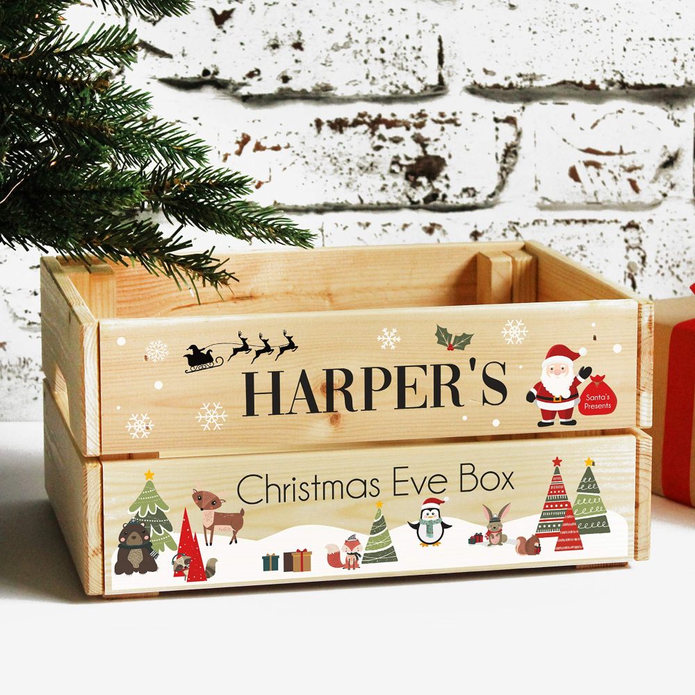 Personalised Children's Christmas Eve Crate, Wooden Christmas Eve Box For Kids