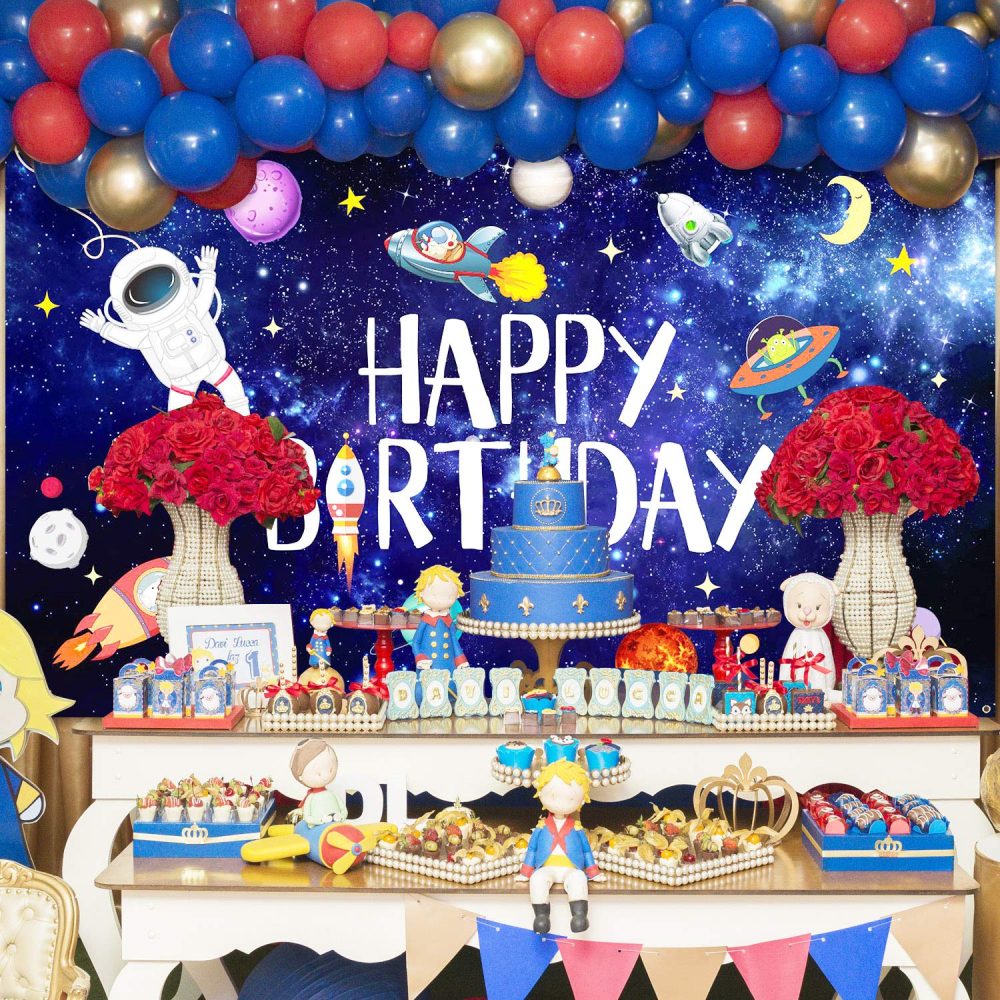 Boao Outer Space Happy Birthday Photography Background Astronaut Rocket Backdrop Banner for Children's Birthday Galaxy Planet Party Photo Booth Backdrop,White,6.1 x 3.6 Feet - Image 4