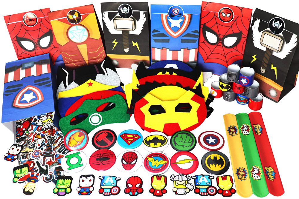 Beamely 110Pcs Avenger Party Bag Fillers for Kids Boys Girls, Superhero Theme Assorted Pinata Toys with Slap Bands Masks Stickers Keychains Gift Bags Badges Lucky Dip Prize Favours for Birthday