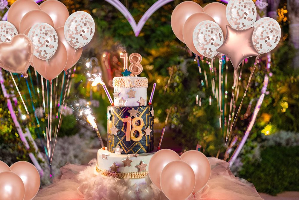 Areebz 82pc Rose Gold Birthday Party Decorations, Happy Birthday decoration banner Latex Confetti Star Heart foil Balloons tassel curtain tablecloth for Girls Women Party Supplies - Image 4