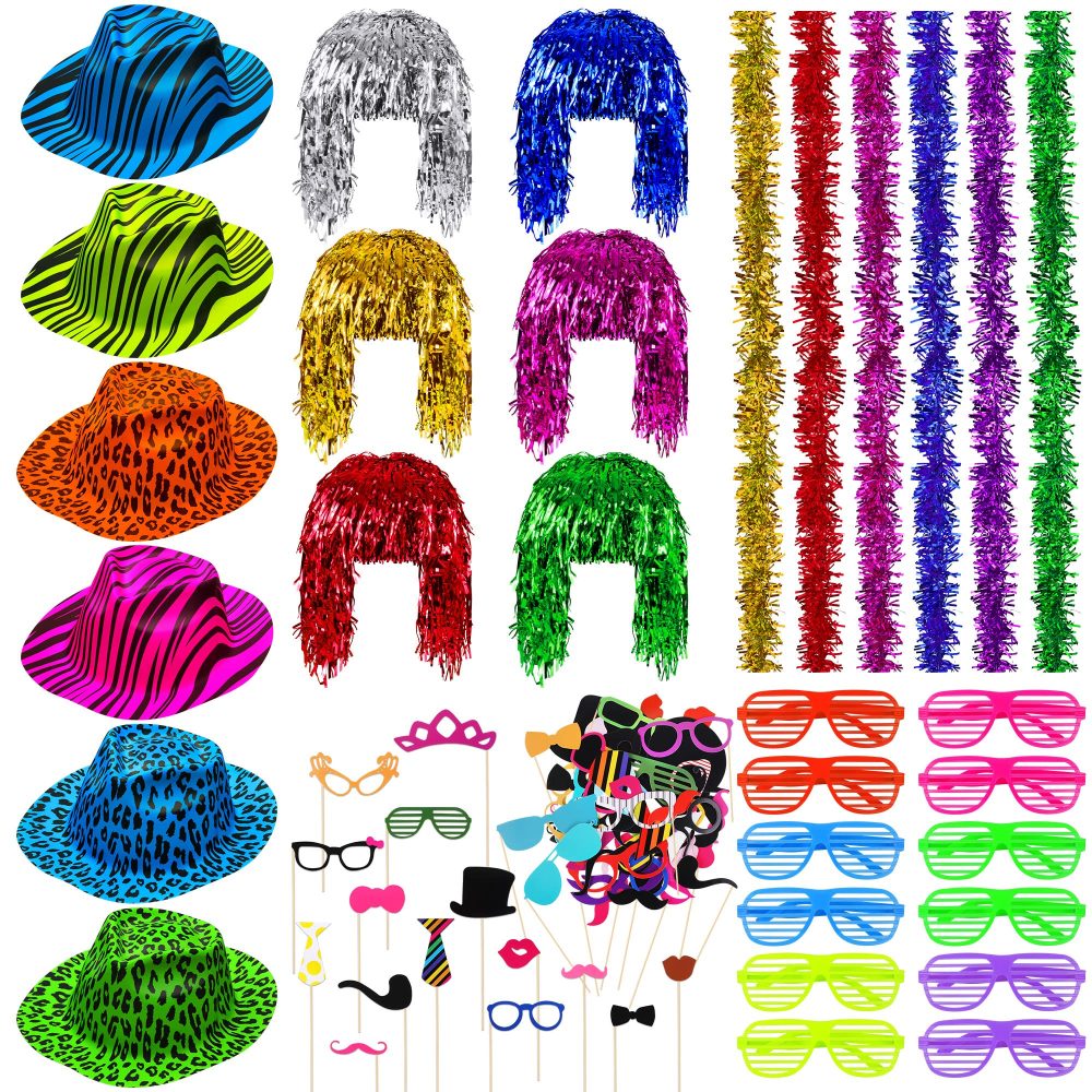 Aodaer 108 Pieces Neon Bright Party Set Neon Party Hats Kit Include Neon Gangster Hats Metallic Foil Tinsel Wigs Shutter Eyeglasses Colorful Boa Party Photo Booth Props Neon Party Supplies for Adult