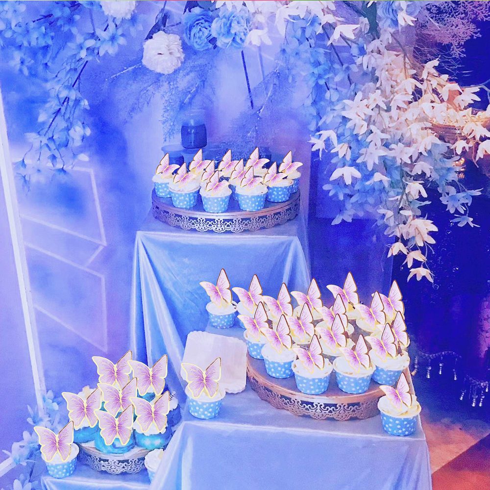 Blumomon 30Pcs Lively 3D Butterfly Cake Topper Decorations Purple Gold Edge Mixed Size Butterfly Cupcake Picks for Girls Women's Happy Birthday Wedding Party Cake Wall Party Food Decorations - Image 3